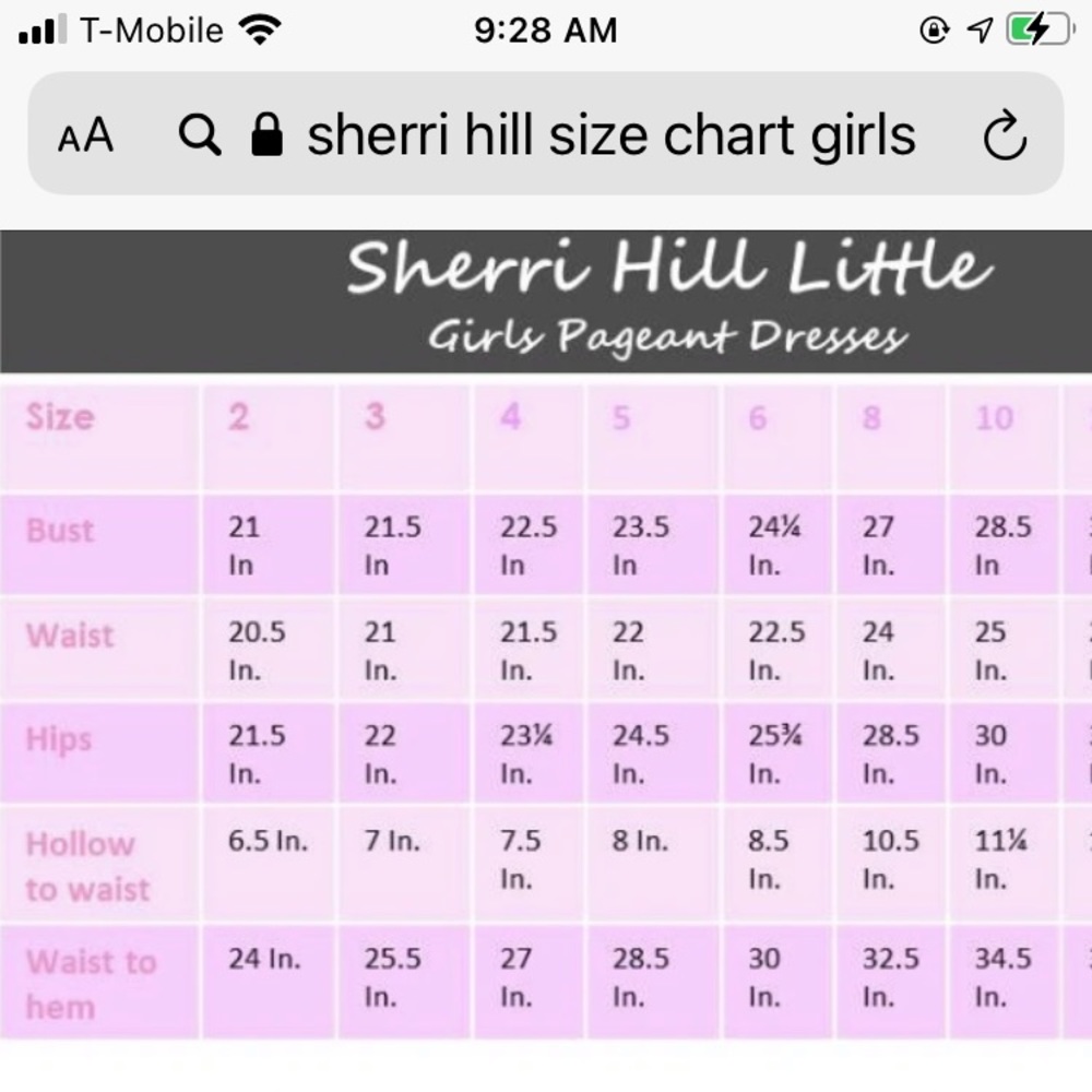 Size Charts for girls gowns!